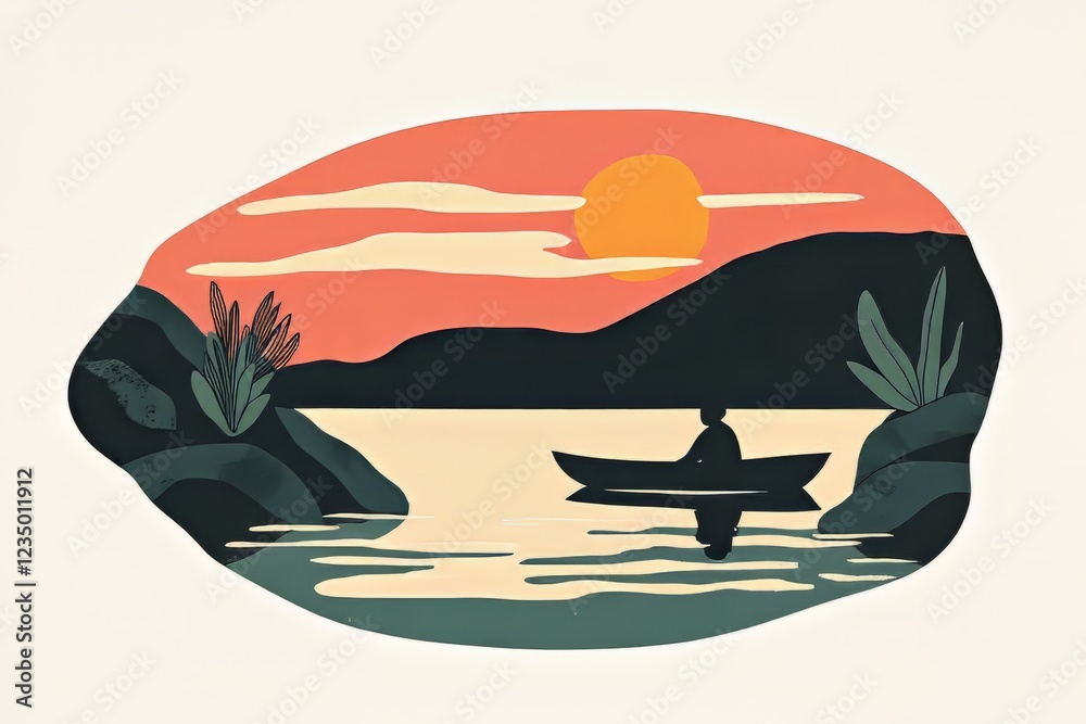 Naklejka premium A Person Sits In A Small Boat On A Calm Lake At Sunset. The Scene Is Peaceful And Serene, With Soft Colors And A Minimalist Style.