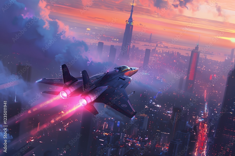 Fototapeta premium Futuristic jet flying over a vibrant city skyline at sunset, showcasing advanced technology.