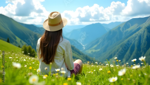 Obraz na płótnie A woman is peacefully gazing at the breathtaking and majestic mountains while enjoying a vibrant meadow w salonie
