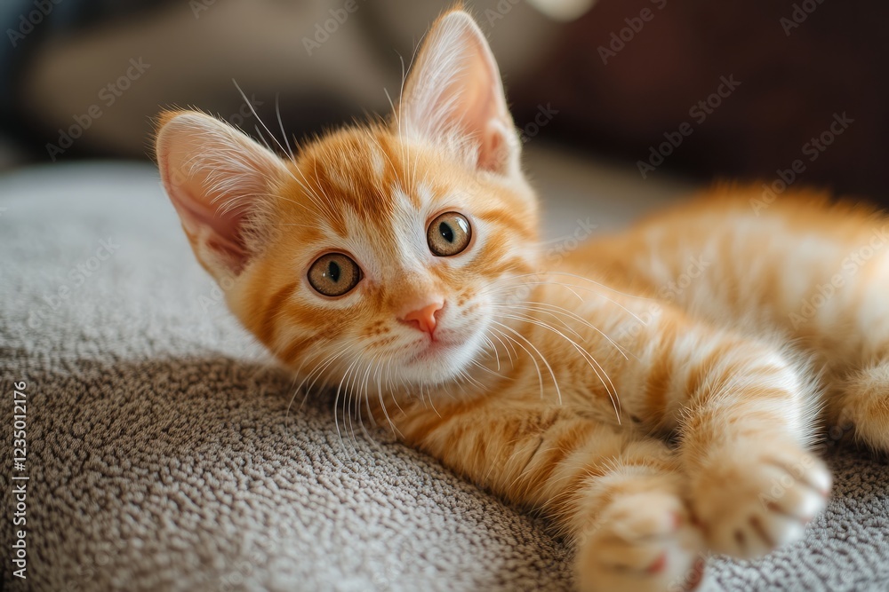 Adorable ginger kitten resting on a soft white blanket, enjoying a moment of peace and comfort Adorable ginger kitten resting on a soft white blanket, enjoying a moment of peace and comfort