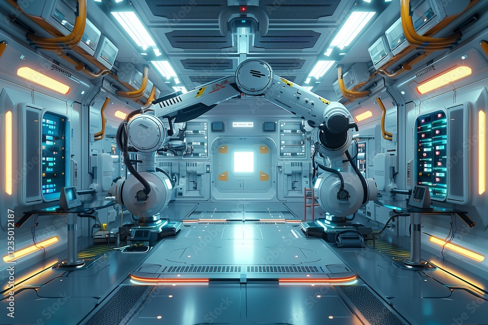 Futuristic robotic arms in a high-tech workspace with vibrant lighting. Futuristic robotic arms in a high-tech workspace with vibrant lighting.