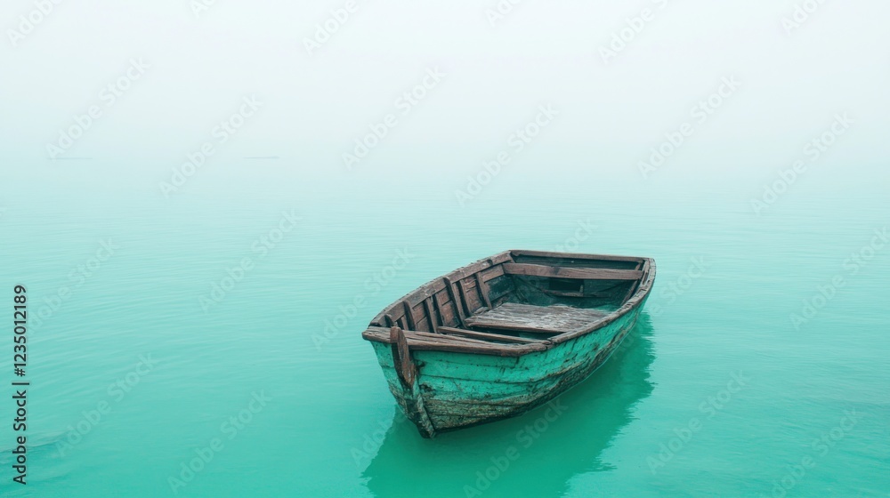 Solitary wooden rowboat floats on calm, turquoise water in thick fog. Solitary wooden rowboat floats on calm, turquoise water in thick fog.