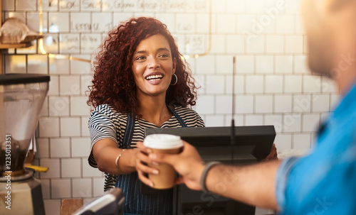Cafe, customer and woman with takeaway cup for latte, bakery and small business. Entrepreneur, barista and cafeteria with person and drinks in coffee shop for restaurant, waitress and lens flare