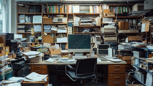 A small office room overflowing with moving boxes, papers, and cluttered desks, showing an untidy and stressful work environment