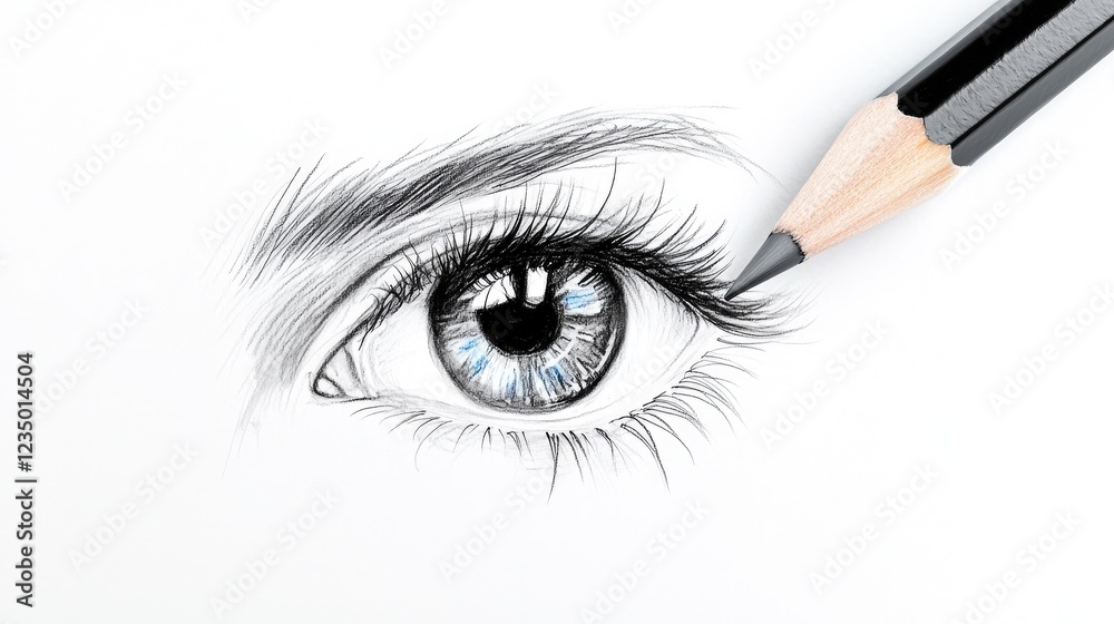 Naklejka premium Graphite pencil sketching a detailed and realistic human eye on white paper.