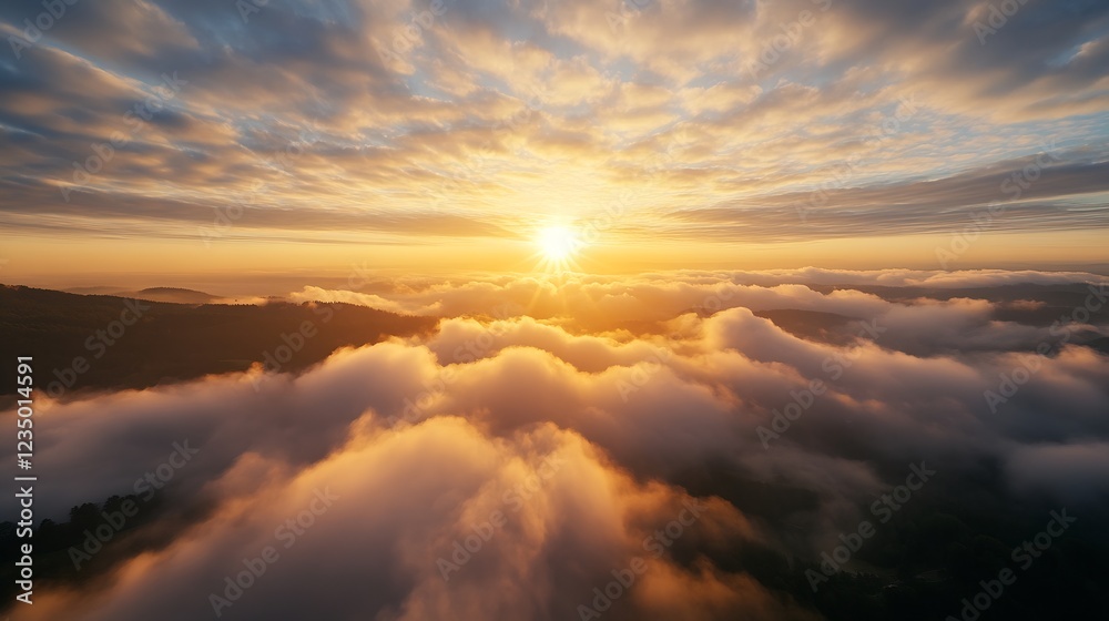 Fototapeta premium Golden Sunrise Over Rolling Clouds Creating A Majestic Morning View : Generative AI