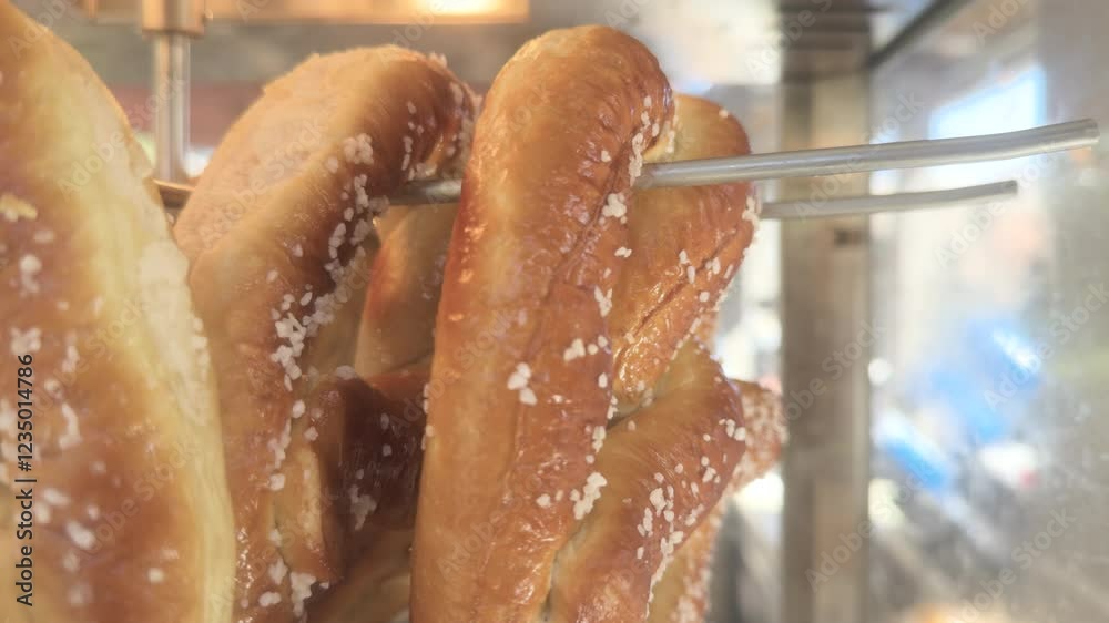 Fresh soft pretzel spinning in display for sale 4k
