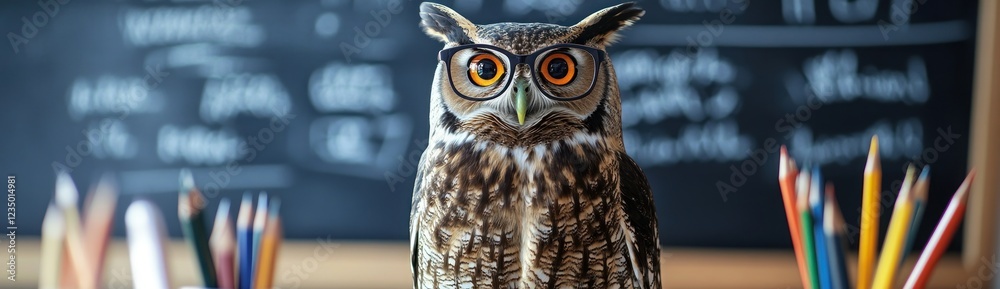 Obraz premium Wise Owl in Classroom Setting: A Symbol of Knowledge and Education