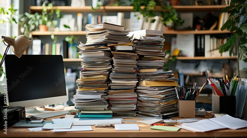A small office room overflowing with moving boxes, papers, and cluttered desks, showing an untidy and stressful work environment A small office room overflowing with moving boxes, papers, and cluttered desks, showing an untidy and stressful work environment