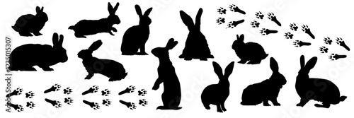 Hares, rabbits, tracks. Set of black silhouettes of hares on a transparent background. Rabbit tracks. Easter bunny. Silhouettes of hares in different poses