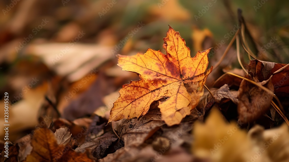 Closeup of Autumn Leaf with Warm Golden Hues Resting Amongst Fallen Leaves : Generative AI Closeup of Autumn Leaf with Warm Golden Hues Resting Amongst Fallen Leaves : Generative AI