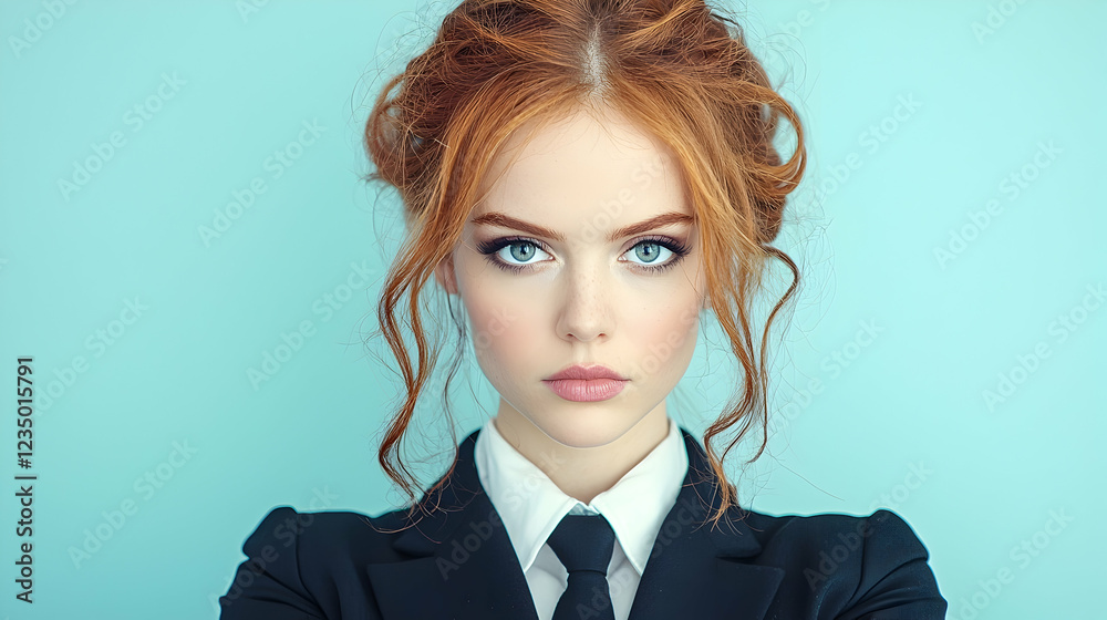 Confident redhead woman, business suit, blue background, portrait Confident redhead woman, business suit, blue background, portrait
