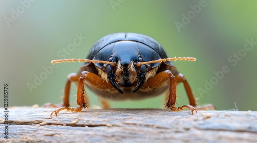 Macro image of a rove beetle with detailed focus on its shiny black exoskeleton and orange appendages : Generative AI photo