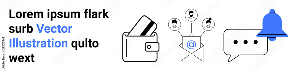 Wallet with cards, email envelope with social contacts, chat bubble, and notification bell. Ideal for finance, communication, email marketing, social networking, notifications messaging apps Wallet with cards, email envelope with social contacts, chat bubble, and notification bell. Ideal for finance, communication, email marketing, social networking, notifications messaging apps