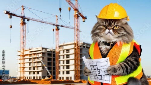Construction cat supervises building site with blueprints urban environment humorous viewpoint photo