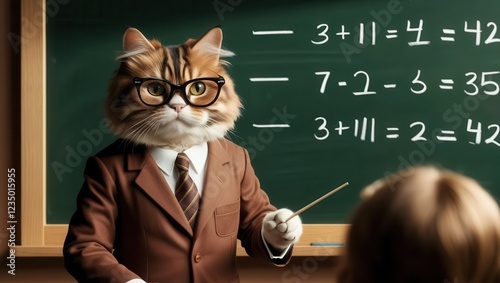 Cat teacher explains math problems in classroom educational illustration fun environment