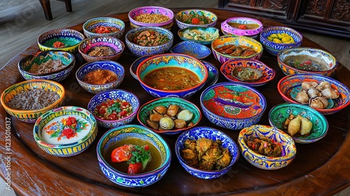 Wallpaper Mural Colorful Asian cuisine buffet, diverse dishes, wooden table, indoor setting, food photography Torontodigital.ca