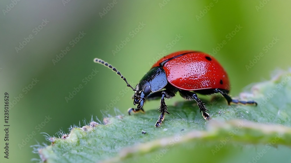 Macro Image of a Red and Black Beetle atop Green Leaf Highlighting Contrast : Generative AI Macro Image of a Red and Black Beetle atop Green Leaf Highlighting Contrast : Generative AI