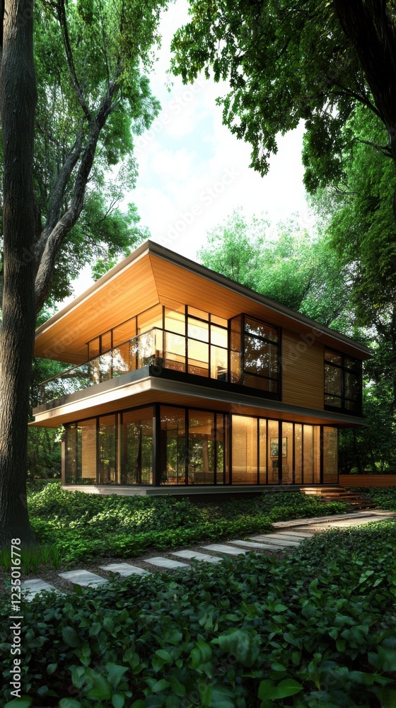 A modern house with large glass windows, surrounded by lush greenery. The architecture features clean lines and a minimalist design, blending with nature. A modern house with large glass windows, surrounded by lush greenery. The architecture features clean lines and a minimalist design, blending with nature.