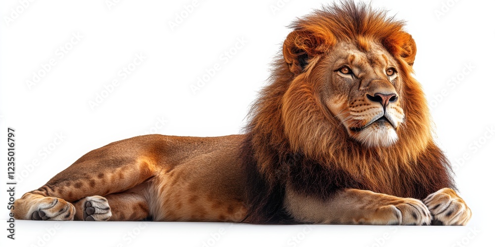 Fototapeta premium Majestic male lion with thick mane resting on white background