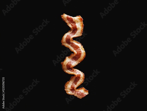 A single strip of fried bacon is isolated against a black background, highlighting its crispy texture and rich colors in a cinematic still.