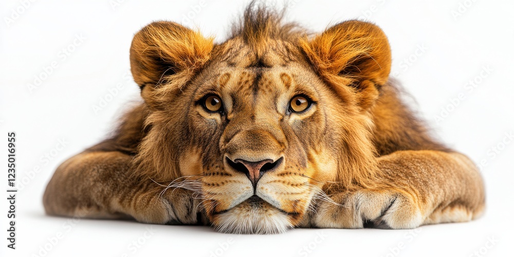 Obraz premium Majestic male lion with thick mane resting on white background