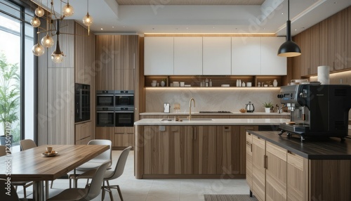 Wallpaper Mural A sophisticated and elegant kitchen with a seamless blend of modern technology and natural wooden aesthetics. The space is filled with high-end appliances, a spacious wooden island, and artistic light Torontodigital.ca