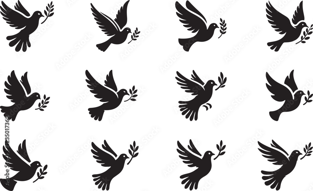 Fototapeta premium peaceful dove flying with olive branch vector set