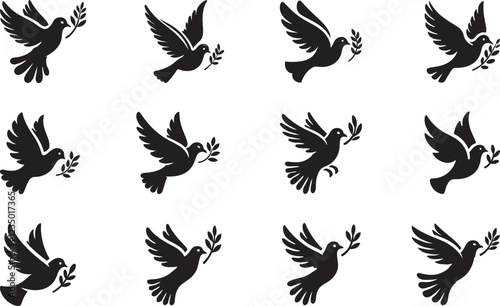 peaceful dove flying with olive branch vector set