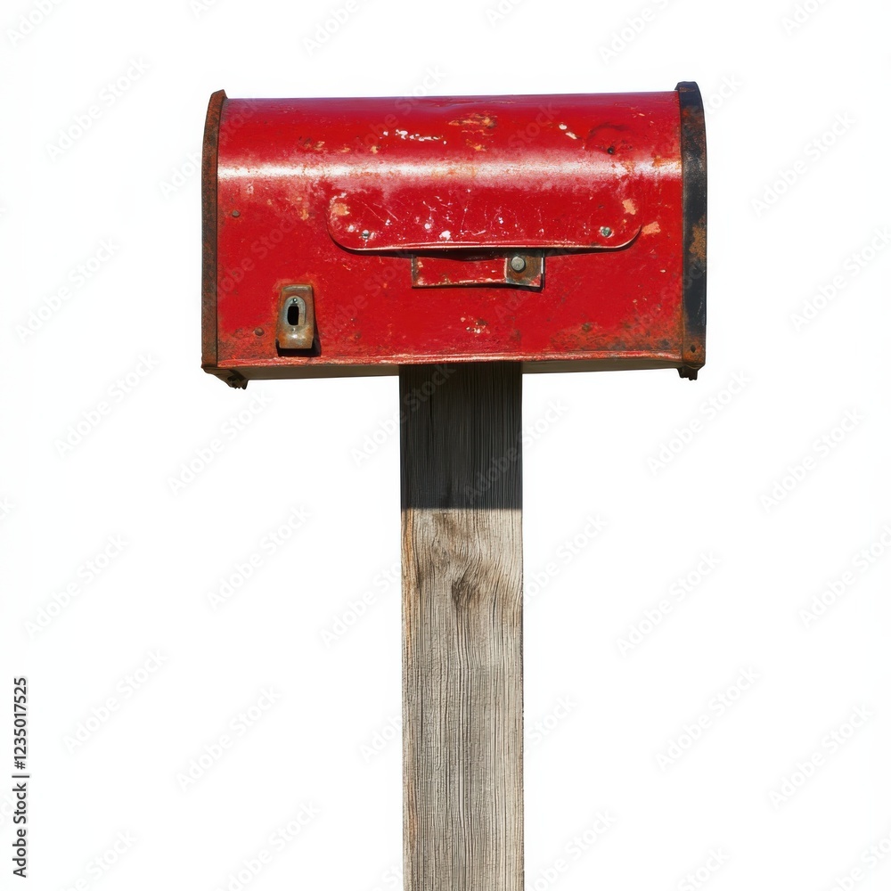 Old rusty metal mailbox on wooden post isolated on white background Old rusty metal mailbox on wooden post isolated on white background