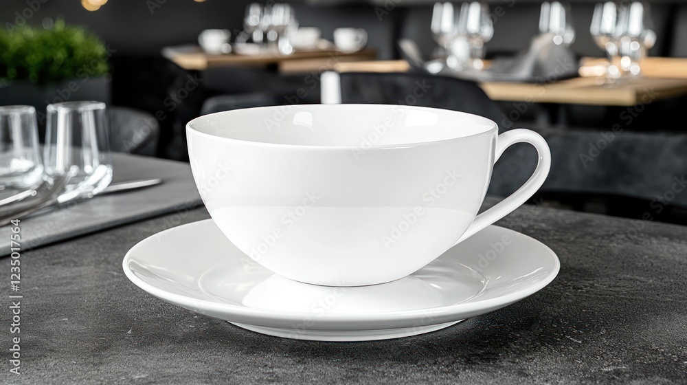 Elegant White Porcelain Teacup on Saucer in a Restaurant Setting Elegant White Porcelain Teacup on Saucer in a Restaurant Setting