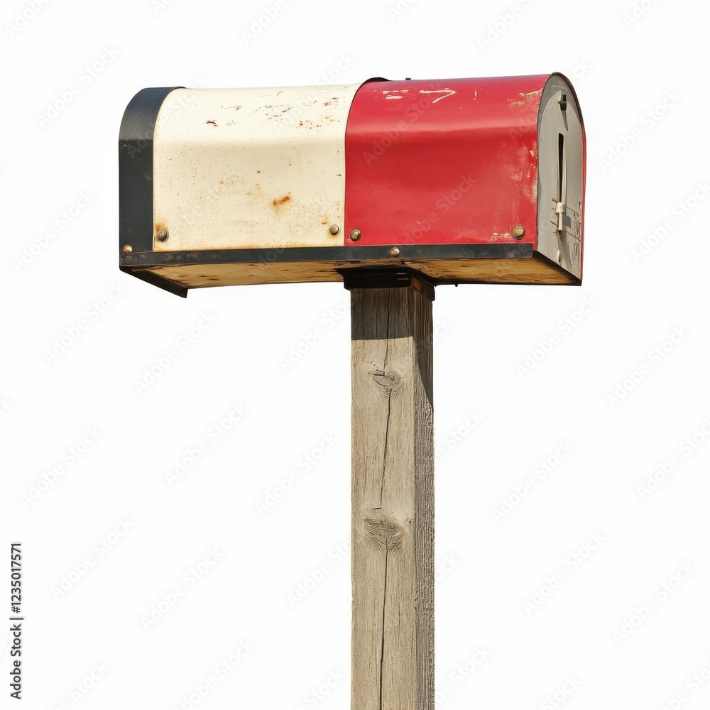 Old rusty metal mailbox on wooden post isolated on white background Old rusty metal mailbox on wooden post isolated on white background