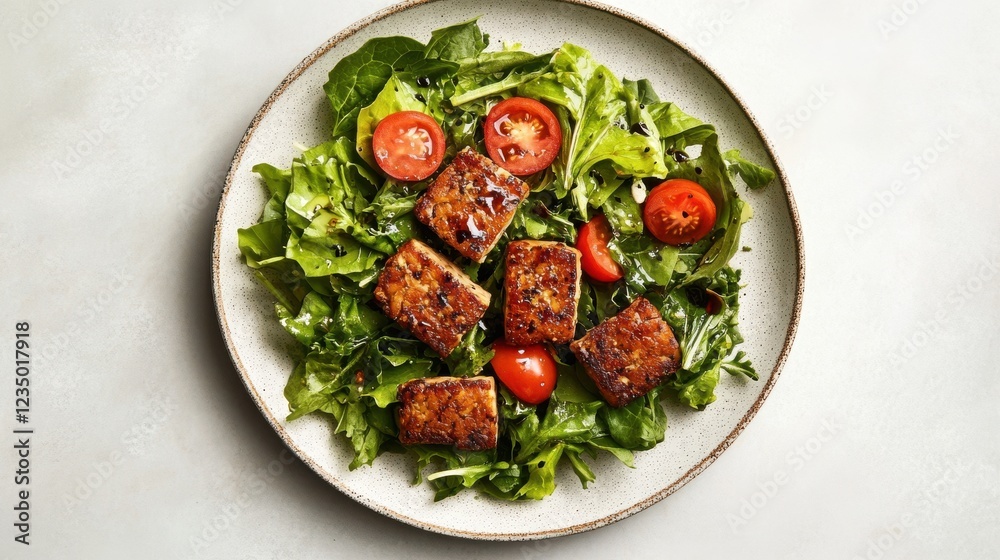 A refined presentation of mixed greens, golden sautéed tempeh, and cherry tomatoes on a neutral plate. Soft lighting and a soy sauce drizzle enhance its modern, elegant appeal. A refined presentation of mixed greens, golden sautéed tempeh, and cherry tomatoes on a neutral plate. Soft lighting and a soy sauce drizzle enhance its modern, elegant appeal.