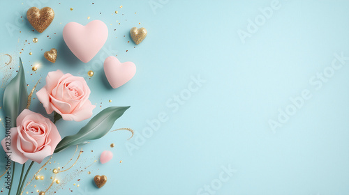 Blue background with pink roses and gold hearts. Minimalistic background.