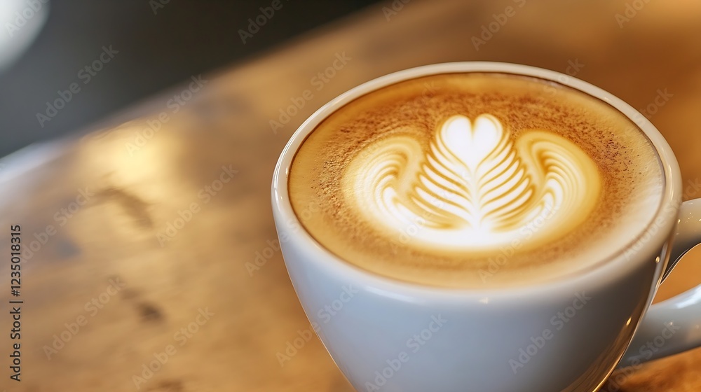 Artistic HeartShaped Latte Art in Creamy White Coffee Cup on Wooden Table : Generative AI Artistic HeartShaped Latte Art in Creamy White Coffee Cup on Wooden Table : Generative AI