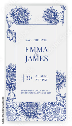 Elegant "Save the Date" wedding invitation with blue hand-drawn chrysanthemum floral design on a white background. Ideal for wedding stationery, event announcements, greeting cards, formal celebration