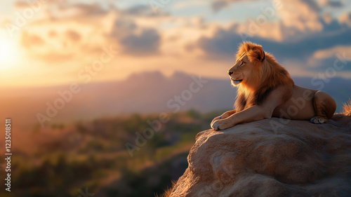A regal lion gazing over a serene savanna as the golden sun sets