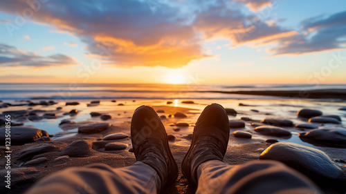 A tranquil moment of watching the sun dip below the horizon, feet resting on the sandy shore