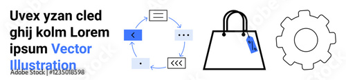 Shopping bag with price tag, gear symbol for settings, and user interface elements in a cycle. Ideal for technology, productivity, automation, retail, online shopping, development flat landing page