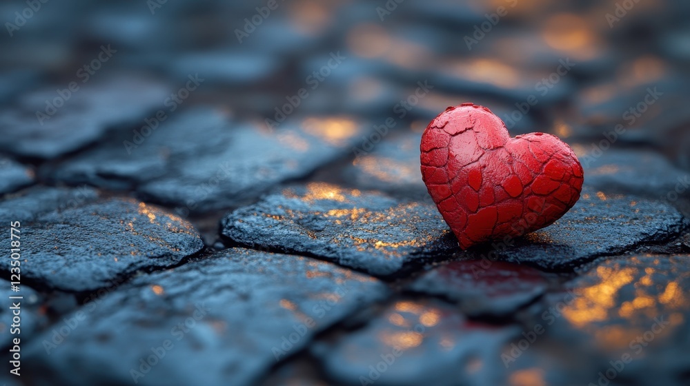 Fototapeta premium A cracked red heart rests on a cobblestone surface, reflecting light.