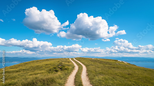 Dirt path winding across a grassy hill under a bright blue sky