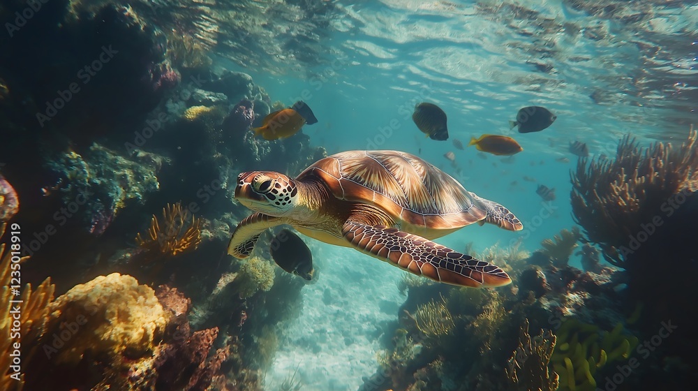Obraz premium A majestic sea turtle gracefully swims through a vibrant coral reef, surrounded by colorful fish and illuminated by soft underwater light, capturing the beauty and serenity of marine life.