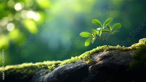 Young plant growing on moss-covered rock in sunlight