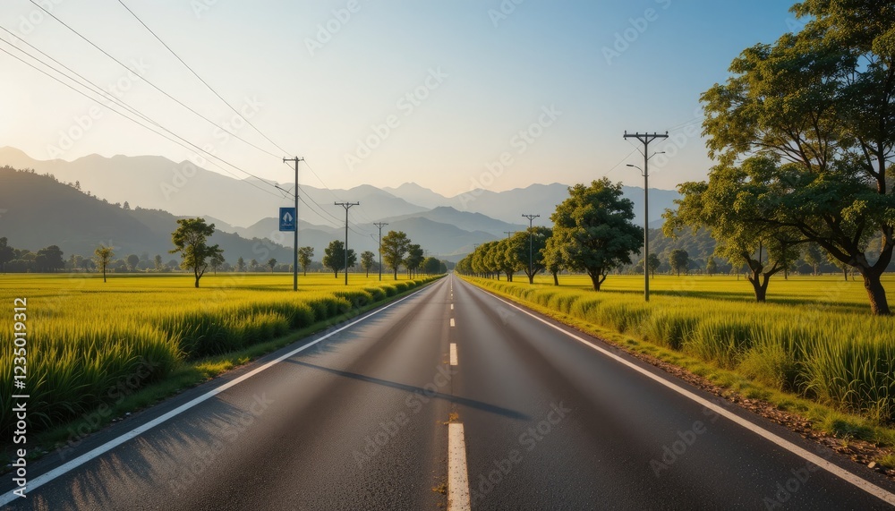 A peaceful countryside road stretching into the distance, leading toward rolling hills and majestic mountains. Lush green trees line both sides of the road, with evenly spaced electric poles following A peaceful countryside road stretching into the distance, leading toward rolling hills and majestic mountains. Lush green trees line both sides of the road, with evenly spaced electric poles following