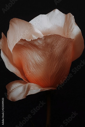 Close-up photo of a rose with aesthetic petals on a black background, highlighting its delicate details