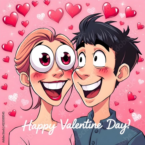 Happy Valentine Day! A funny caricature-style Valentine's card showing two goofy characters falling in love at first sight. Created with Generative AI technology.