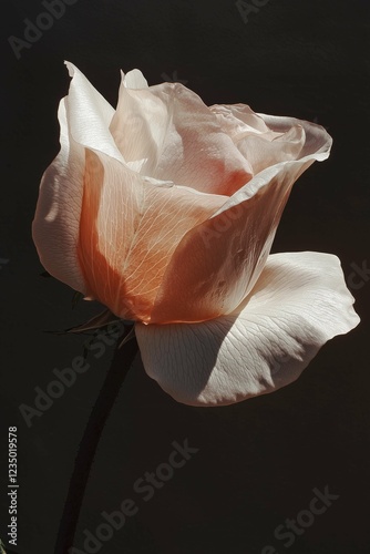 Close-up photo of a rose with aesthetic petals on a black background, highlighting its delicate details