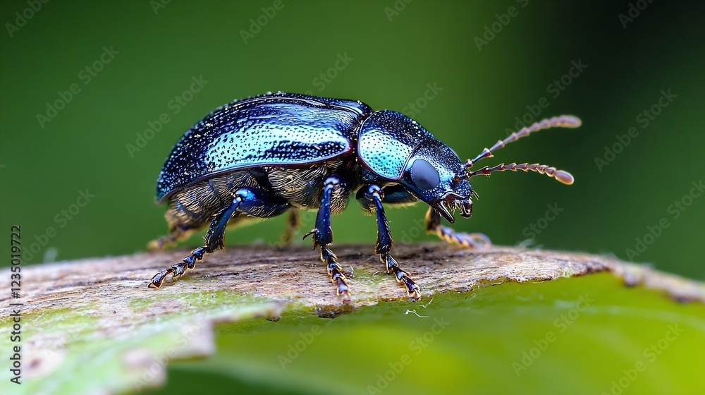 Metallic blue beetle resting on leaf with vibrant macro shot : Generative AI