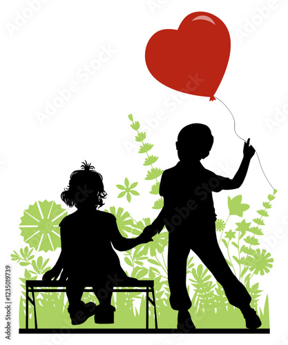 Children silhouettes. Valentine's day. Little boy and girl with red baloon heart. Vector illustration.