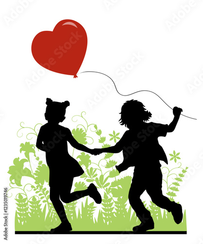 Children silhouettes. Valentine's day. Little boy and girl with red baloon heart. Vector illustration.